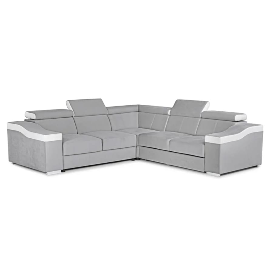 Canap&eacute; d&rsquo;angle convertible r&eacute;versible en velours gris clair et simili cuir blanc